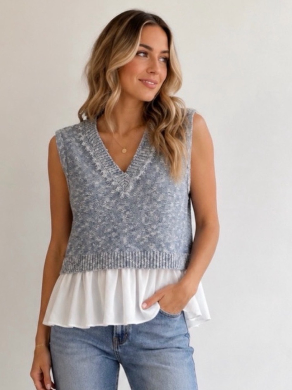 Knit Sleeveless Sweater Vest in Heather Blue with White Hem